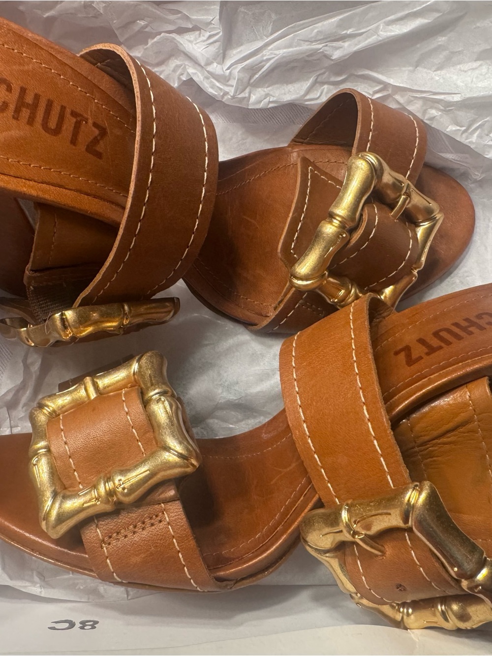 SCHUTZ Tan Leather Double-Buckle Block Heel Sandals with Gold Buckles - Picture 5 of 6